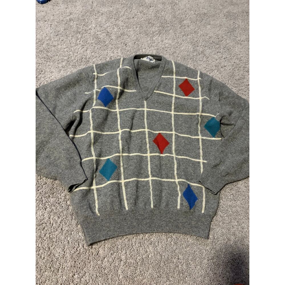 Vintage Pringle of Scotland Mens Diamond Grid Jumper Size 44 Lambswool Sweater